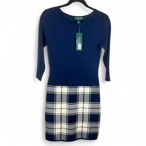 NWT Lauren Ralph Lauren Plaid XS Knit Dress Preppy Librarian Chic Academia